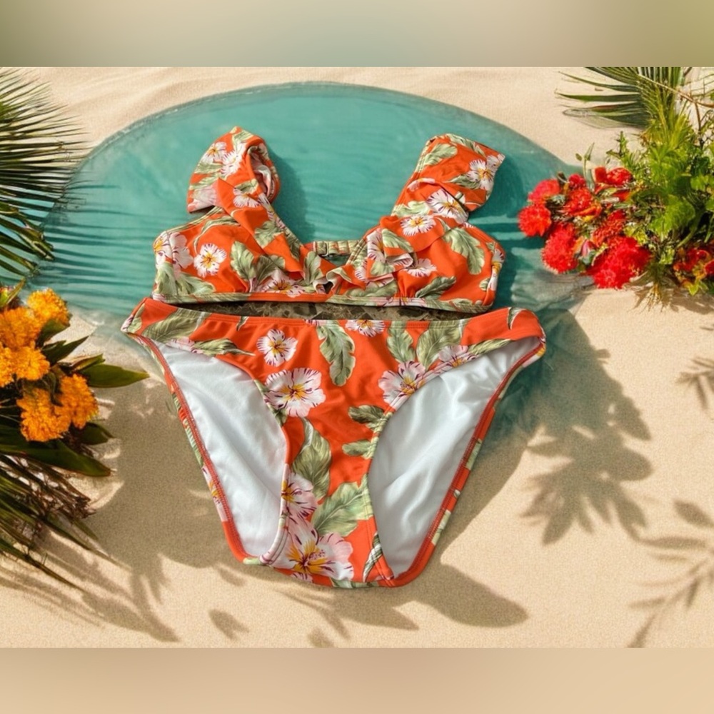 ⭐️⭐️ Xhiliration 2 piece orange floral bikini size XL. Removable pads.